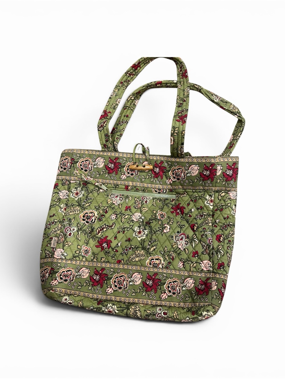 Green Floral Quilted Tote Bag with Top Clip